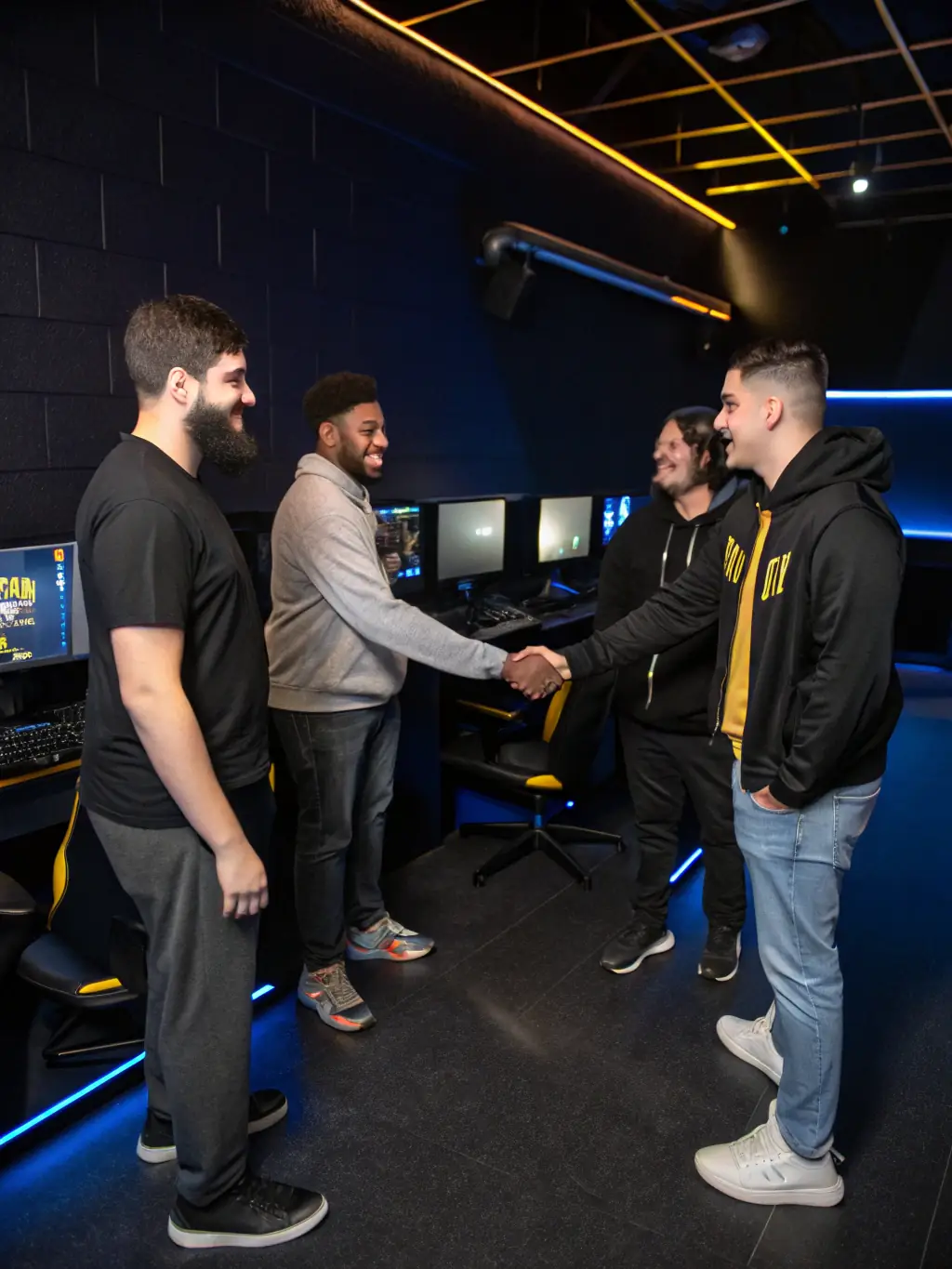 A group of diverse gamers participating in a friendly esports competition, emphasizing inclusivity and community spirit.