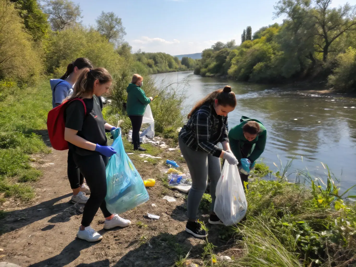 A photograph showcasing volunteers participating in a river cleanup, removing debris and restoring the natural habitat. The image should convey a sense of community involvement and environmental responsibility.