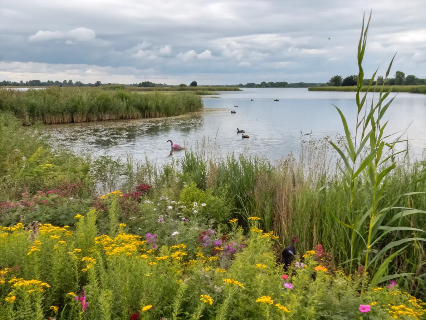 A vibrant image of a restored wetland area, highlighting the biodiversity and ecological benefits achieved through GAULE MOUZON MEUSE's habitat restoration projects.