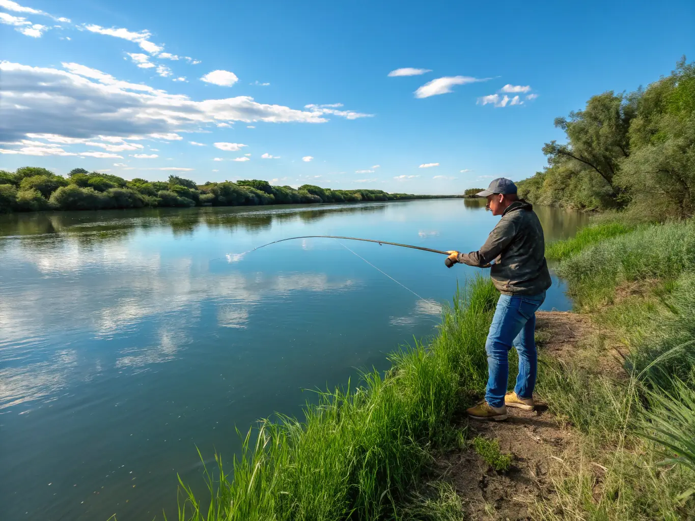 A scenic view of the Meuse River with anglers fishing responsibly, showcasing sustainable fishing practices promoted by GAULE MOUZON MEUSE.