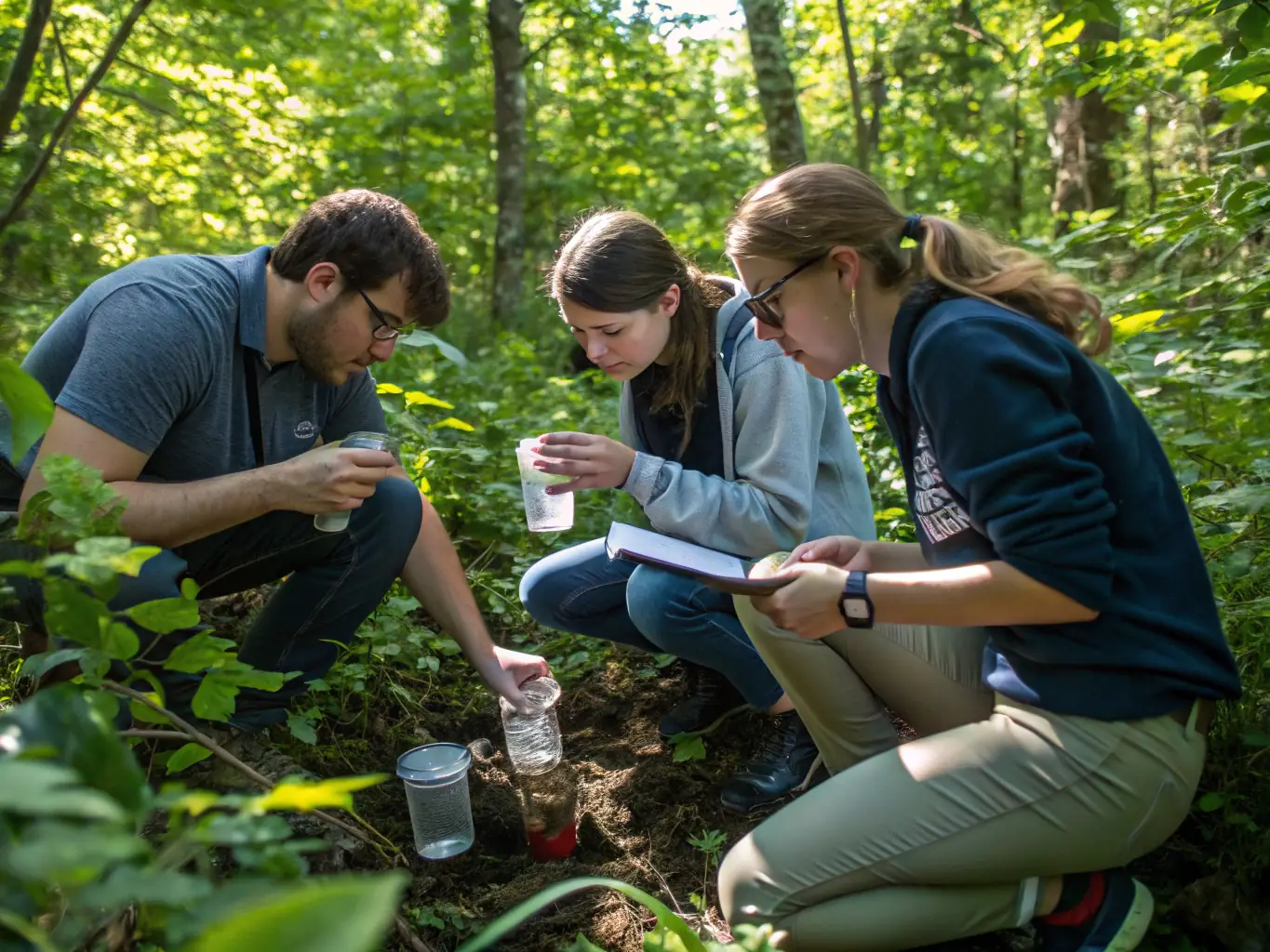 An image of scientists and volunteers monitoring water quality in a local stream, collecting samples and analyzing data to assess the health of the aquatic ecosystem.