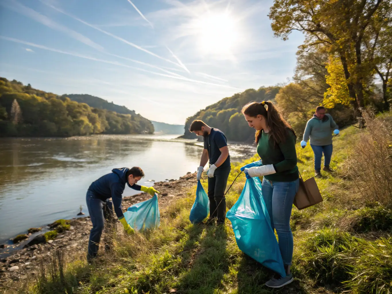 A group of volunteers participating in a river cleanup event, demonstrating GAULE MOUZON MEUSE's commitment to community engagement and environmental stewardship.