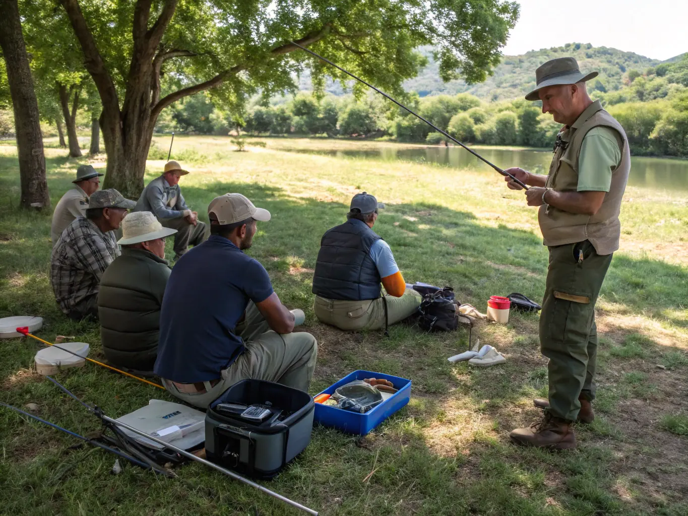 A picture of a workshop where experts are teaching sustainable fishing techniques to local fishermen, emphasizing responsible practices and conservation.