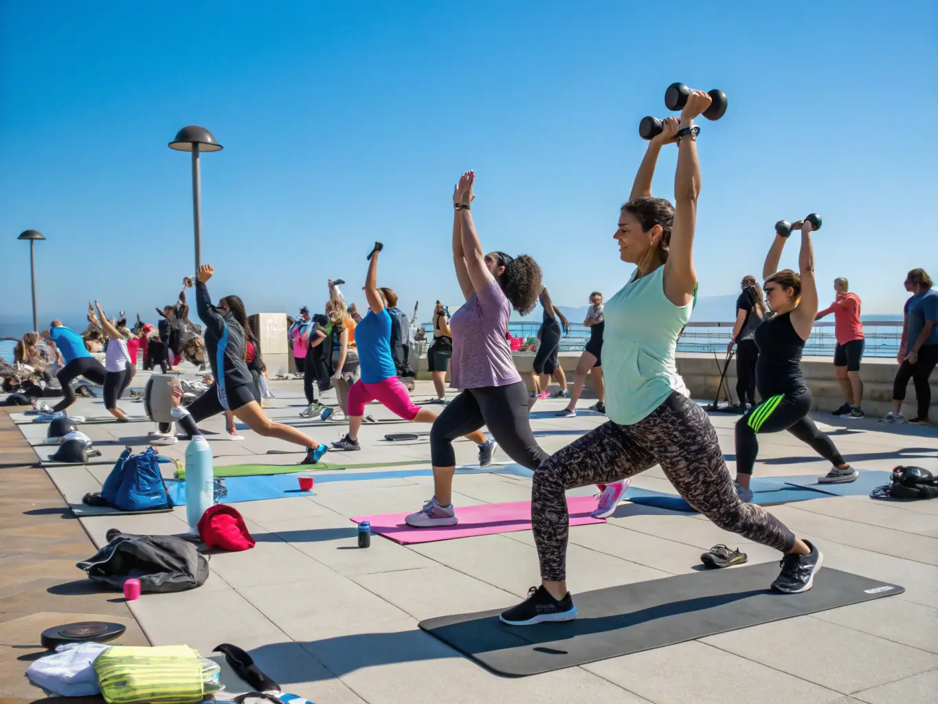 A group of people participating in a community fitness class outdoors, demonstrating the inclusive and accessible nature of AICA DES 4 PLATEAUX's fitness initiatives.