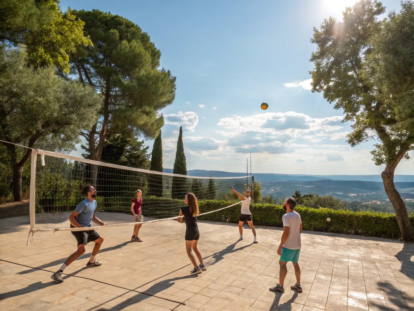 An action shot of adults playing a volleyball game at AICA DES 4 PLATEAUX, highlighting the competitive spirit and camaraderie of the sport.