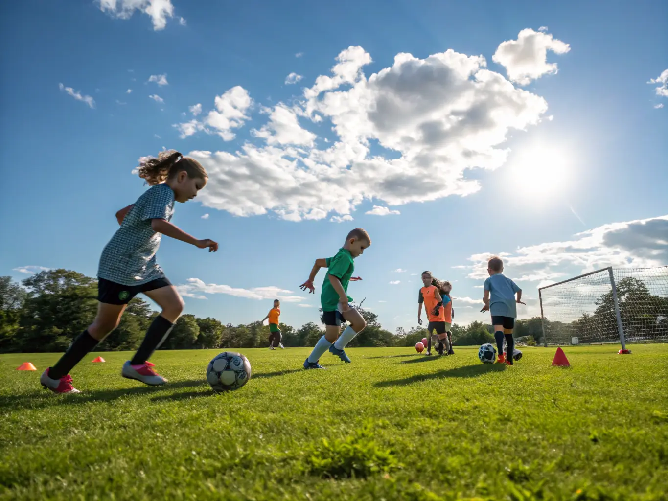 A vibrant image depicting a group of children participating in a soccer training session at AICA DES 4 PLATEAUX, showcasing teamwork and skill development.