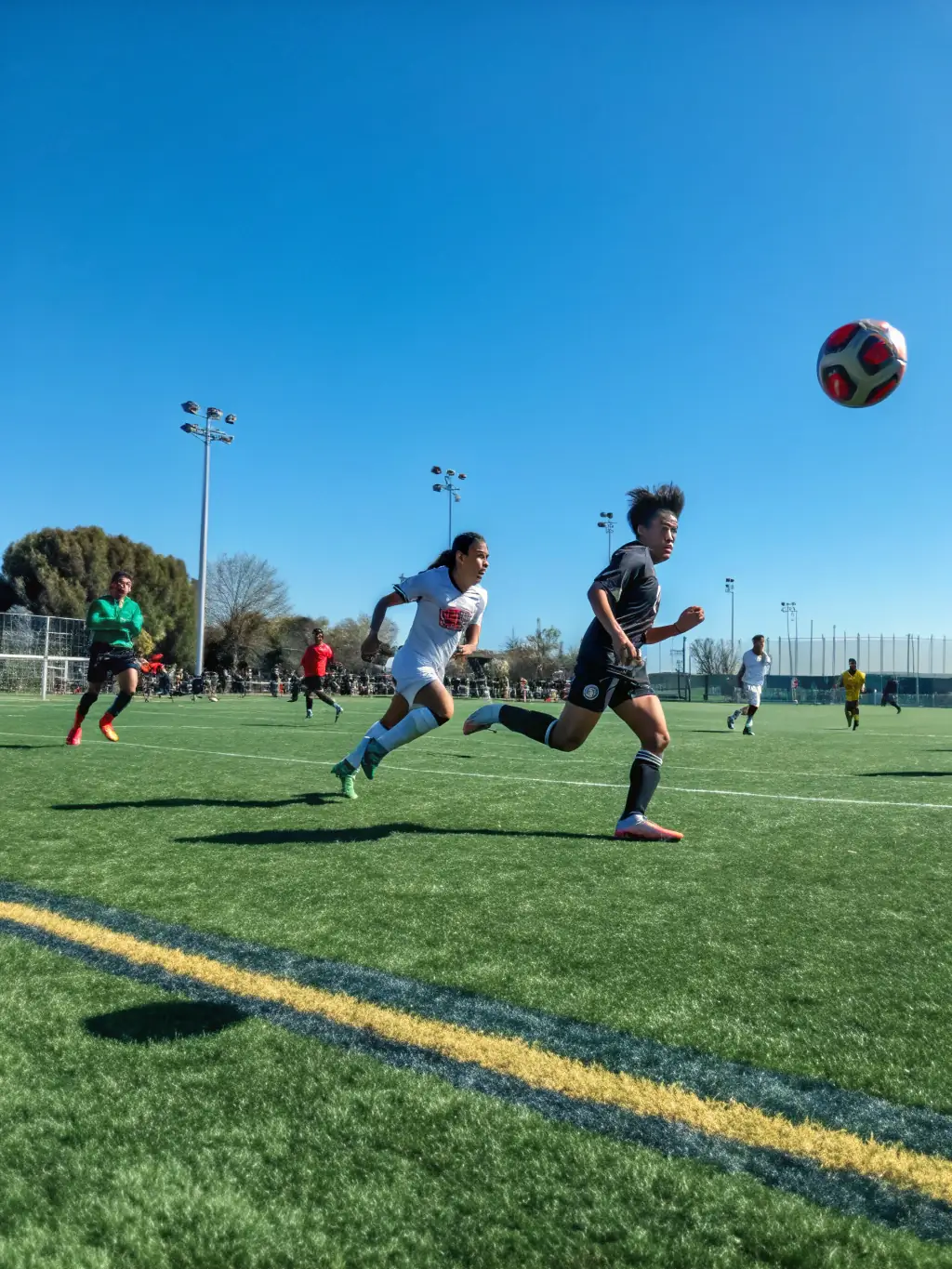 A dynamic shot of a soccer match in progress, capturing the energy and teamwork of the players at AICA DES 4 PLATEAUX.