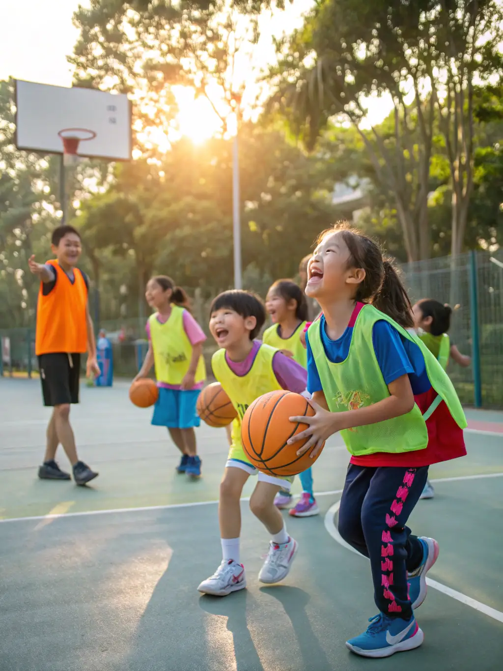 A group of children participating in a basketball clinic, highlighting the youth programs at AICA DES 4 PLATEAUX.