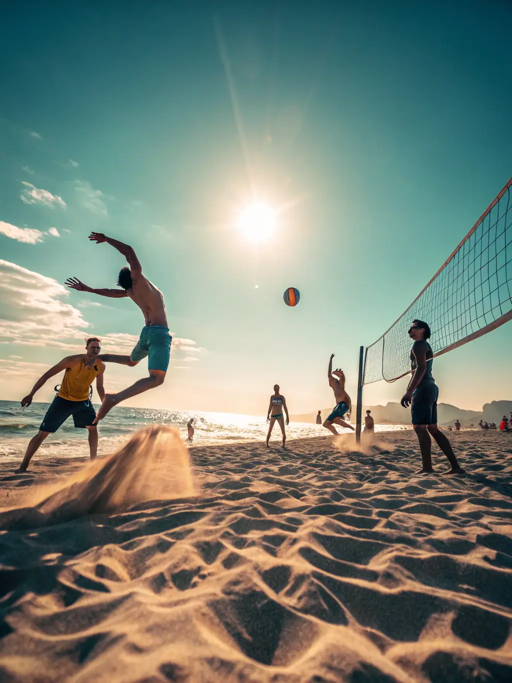 A lively scene of a volleyball game on the beach, showcasing the recreational activities offered by AICA DES 4 PLATEAUX.